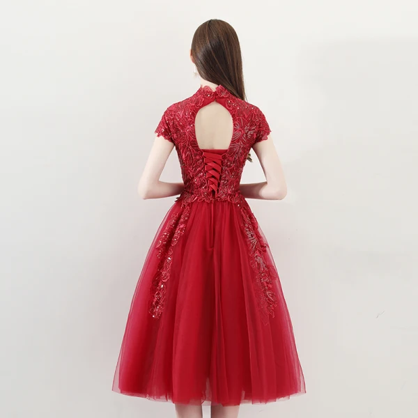 Bling Bling Red Homecoming Graduation Dresses 2018 A-Line / Princess High Neck Short Sleeve Appliques Lace Glitter Sequins Tea-length Ruffle Backless Formal Dresses
