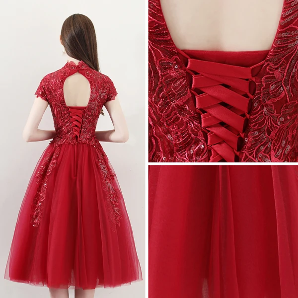Bling Bling Red Homecoming Graduation Dresses 2018 A-Line / Princess High Neck Short Sleeve Appliques Lace Glitter Sequins Tea-length Ruffle Backless Formal Dresses