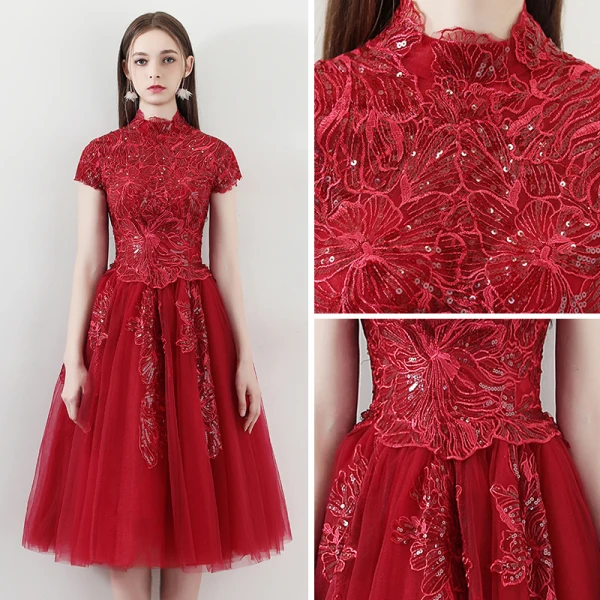 Bling Bling Red Homecoming Graduation Dresses 2018 A-Line / Princess High Neck Short Sleeve Appliques Lace Glitter Sequins Tea-length Ruffle Backless Formal Dresses