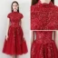Bling Bling Red Homecoming Graduation Dresses 2018 A-Line / Princess High Neck Short Sleeve Appliques Lace Glitter Sequins Tea-length Ruffle Backless Formal Dresses