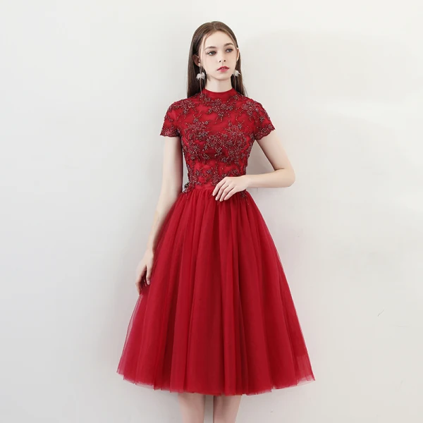 Chinese Style Burgundy Homecoming Graduation Dresses 2018 A Line Princess  High Neck Short Sleeve Glitter Beading Tea Length Ruffle Backless Formal  Dresses