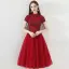 Chinese style Burgundy Homecoming Graduation Dresses 2018 A-Line / Princess High Neck Short Sleeve Glitter Beading Tea-length Ruffle Backless Formal Dresses