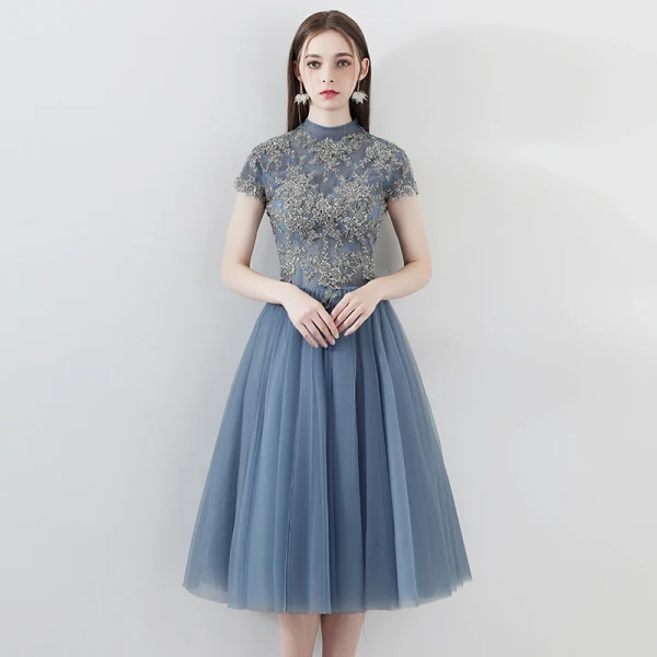 Chinese style Burgundy Homecoming Graduation Dresses 2018 A-Line / Princess High Neck Short Sleeve Glitter Beading Tea-length Ruffle Backless Formal Dresses
