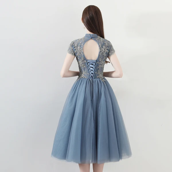 Chinese style Burgundy Homecoming Graduation Dresses 2018 A-Line / Princess High Neck Short Sleeve Glitter Beading Tea-length Ruffle Backless Formal Dresses