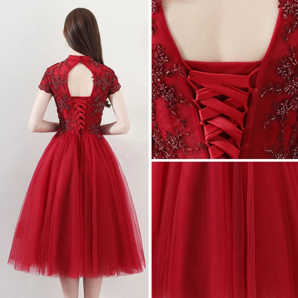 Chinese style Burgundy Homecoming Graduation Dresses 2018 A-Line / Princess High Neck Short Sleeve Glitter Beading Tea-length Ruffle Backless Formal Dresses