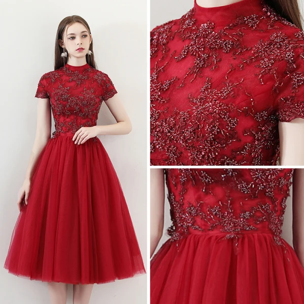Chinese style Burgundy Homecoming Graduation Dresses 2018 A-Line / Princess High Neck Short Sleeve Glitter Beading Tea-length Ruffle Backless Formal Dresses