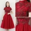Chinese style Burgundy Homecoming Graduation Dresses 2018 A-Line / Princess High Neck Short Sleeve Glitter Beading Tea-length Ruffle Backless Formal Dresses