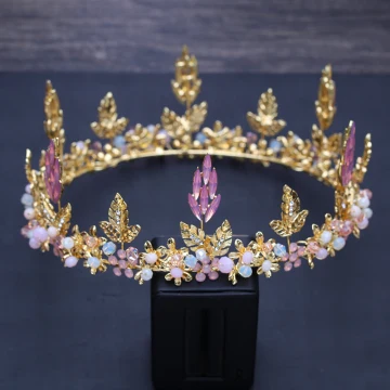 Fine Sukkertøyrosa Krystall Gull Blad Tiara 2018 Metall Rhinestone Bryllup Tilbehør