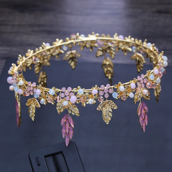 Fine Sukkertøyrosa Krystall Gull Blad Tiara 2018 Metall Rhinestone Bryllup Tilbehør