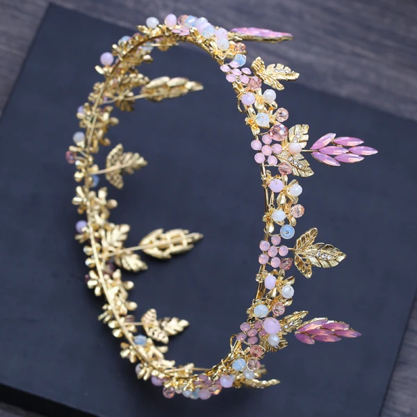 Fine Sukkertøyrosa Krystall Gull Blad Tiara 2018 Metall Rhinestone Bryllup Tilbehør