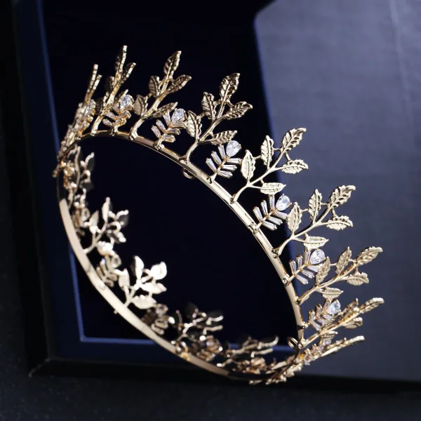 Enkla Guld Blad Tiara 2018 Metall Rhinestone Bröllop Tillbehör