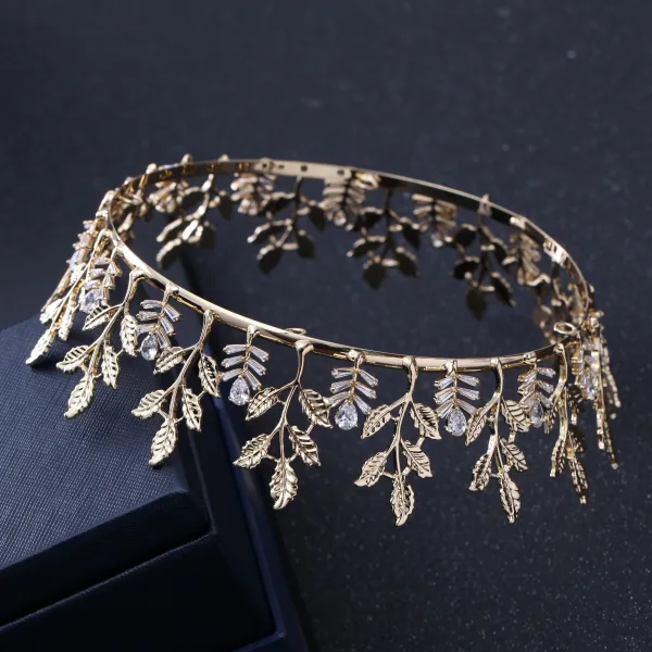 Enkla Guld Blad Tiara 2018 Metall Rhinestone Bröllop Tillbehör