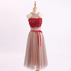 Chic Belle Perle Rose Rouge De Retour Robe De Graduation 2017 Princesse Encolure Dégagée Bustier Sans Manches Appliques Fleur Cristal Ceinture Thé Longueur Volants Dos Nu Robe De Ceremonie