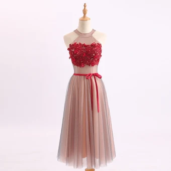 Chic Beautiful Pearl Pink Red Homecoming Graduation Dresses 2017 A Line Princess Scoop Neck Strapless Sleeveless Appliques Flower Crystal Sash Tea Length Ruffle Backless Formal Dresses