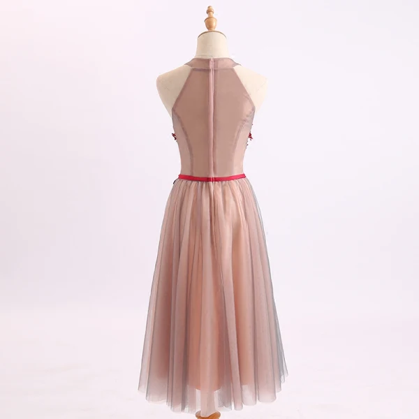 Chic / Beautiful Pearl Pink Red Homecoming Graduation Dresses 2017 A-Line / Princess Scoop Neck Strapless Sleeveless Appliques Flower Crystal Sash Tea-length Ruffle Backless Formal Dresses