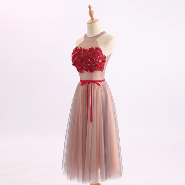 Chic / Beautiful Pearl Pink Red Homecoming Graduation Dresses 2017 A-Line / Princess Scoop Neck Strapless Sleeveless Appliques Flower Crystal Sash Tea-length Ruffle Backless Formal Dresses
