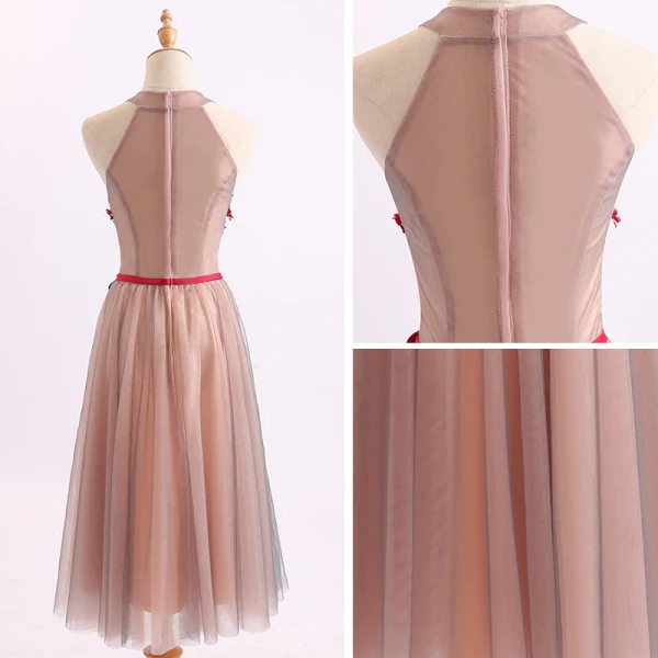 Chic / Beautiful Pearl Pink Red Homecoming Graduation Dresses 2017 A-Line / Princess Scoop Neck Strapless Sleeveless Appliques Flower Crystal Sash Tea-length Ruffle Backless Formal Dresses