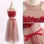 Chic / Beautiful Pearl Pink Red Homecoming Graduation Dresses 2017 A-Line / Princess Scoop Neck Strapless Sleeveless Appliques Flower Crystal Sash Tea-length Ruffle Backless Formal Dresses