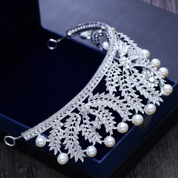Fine Sølv Perle Rhinestone Tiara 2018 Metall Bryllup Tilbehør