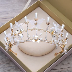 Blomsterfe Gull Metall Tiara 2018 Perle Rhinestone Tilbehør