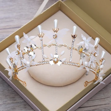 Blomsterfe Gull Metall Tiara 2018 Perle Rhinestone Tilbehør