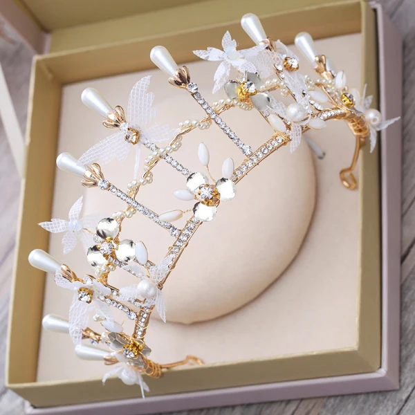 Flower Fairy Gold Metal Tiara 2018 Pearl Rhinestone Accessories