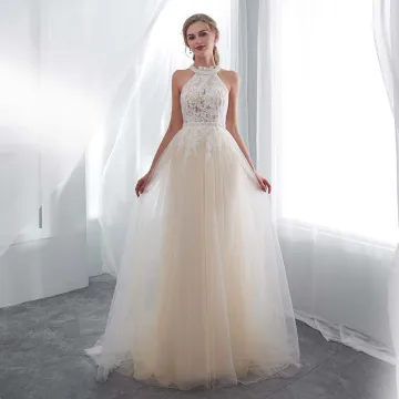 Discount Champagne Pierced Wedding Dresses 2018 Empire Scoop Neck Strapless Sleeveless Appliques Lace Pearl Sash Sweep Train Ruffle