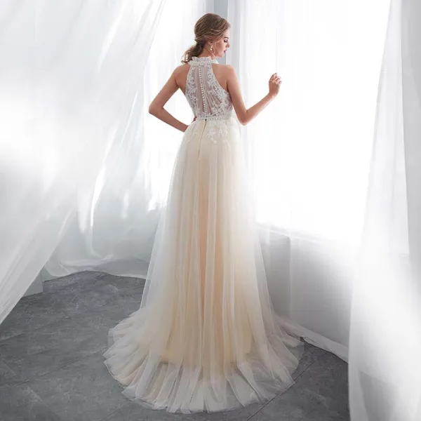 Discount Champagne Pierced Wedding Dresses 2018 Empire Scoop Neck Strapless Sleeveless Appliques Lace Pearl Sash Sweep Train Ruffle