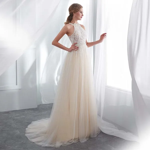Discount Champagne Pierced Wedding Dresses 2018 Empire Scoop Neck Strapless Sleeveless Appliques Lace Pearl Sash Sweep Train Ruffle