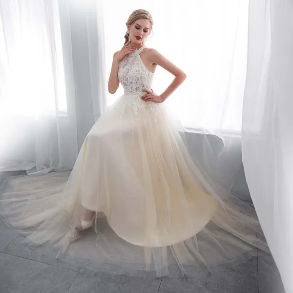 Discount Champagne Pierced Wedding Dresses 2018 Empire Scoop Neck Strapless Sleeveless Appliques Lace Pearl Sash Sweep Train Ruffle