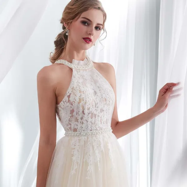 Discount Champagne Pierced Wedding Dresses 2018 Empire Scoop Neck Strapless Sleeveless Appliques Lace Pearl Sash Sweep Train Ruffle