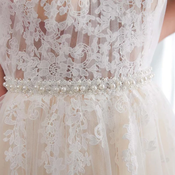 Discount Champagne Pierced Wedding Dresses 2018 Empire Scoop Neck Strapless Sleeveless Appliques Lace Pearl Sash Sweep Train Ruffle