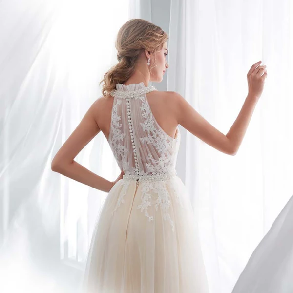 Discount Champagne Pierced Wedding Dresses 2018 Empire Scoop Neck Strapless Sleeveless Appliques Lace Pearl Sash Sweep Train Ruffle