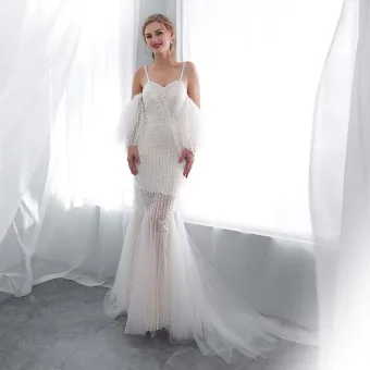Mode Ivory Creme Sommer Strand Brautkleider 2018 Mermaid Abnehmbar Kurze Ärmel Spaghettiträger Rückenfreies Kristall Perlenstickerei Hof Schleppe Rüschen