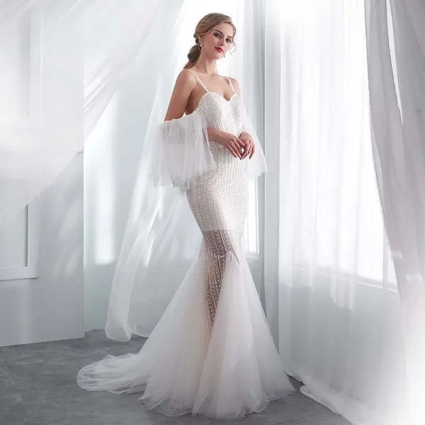 Modern / Fashion Ivory Summer Beach Wedding Dresses 2018 Trumpet / Mermaid Detachable Short Sleeve Spaghetti Straps Backless Crystal Beading Court Train Ruffle