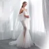 Modern / Fashion Ivory Summer Beach Wedding Dresses 2018 Trumpet / Mermaid Detachable Short Sleeve Spaghetti Straps Backless Crystal Beading Court Train Ruffle