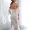 Modern / Fashion Ivory Summer Beach Wedding Dresses 2018 Trumpet / Mermaid Detachable Short Sleeve Spaghetti Straps Backless Crystal Beading Court Train Ruffle