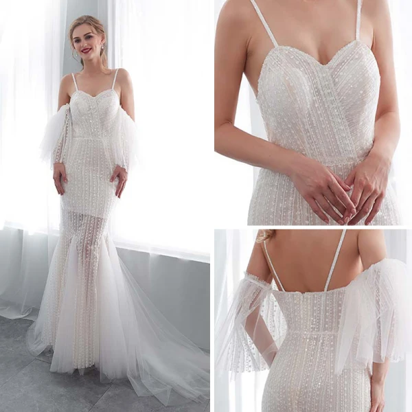Modern / Fashion Ivory Summer Beach Wedding Dresses 2018 Trumpet / Mermaid Detachable Short Sleeve Spaghetti Straps Backless Crystal Beading Court Train Ruffle