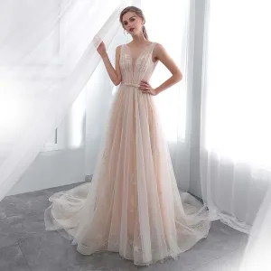 Remise Champagne Transparentes Robe De Mariée 2018 Princesse Encolure Dégagée Sans Manches Dos Nu Étoile Appliques En Dentelle Noeud Ceinture Tribunal Train Volants