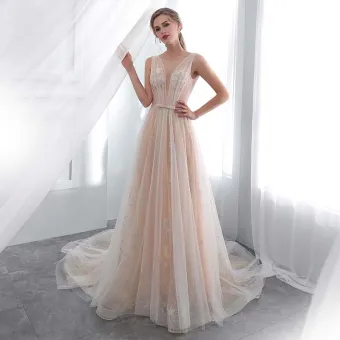 Discount Champagne See Through Wedding Dresses 2018 A Line Princess Scoop Neck Sleeveless Backless Star Appliques Lace Bow Sash Court Train Ruffle