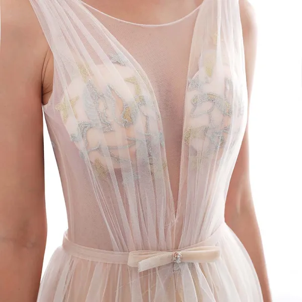 Remise Champagne Transparentes Robe De Mariée 2018 Princesse Encolure Dégagée Sans Manches Dos Nu Étoile Appliques En Dentelle Noeud Ceinture Tribunal Train Volants
