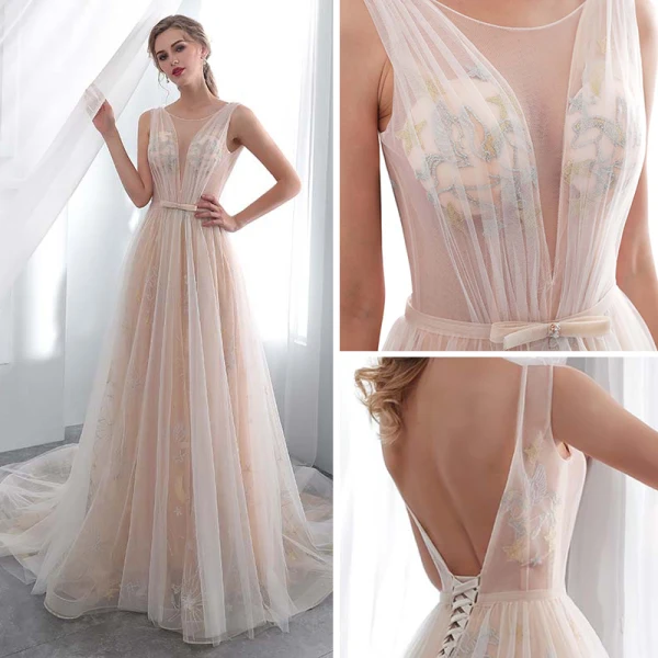 Remise Champagne Transparentes Robe De Mariée 2018 Princesse Encolure Dégagée Sans Manches Dos Nu Étoile Appliques En Dentelle Noeud Ceinture Tribunal Train Volants