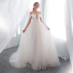 Moderne Mode Ivoire Transparentes Robe De Mariée 2018 Princesse U Cou Unique Manches Courtes Dos Nu Perle Plumes Tribunal Train Volants