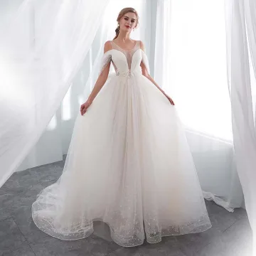 Modern Fashion Ivory See Through Wedding Dresses 2018 A Line Princess U Neck Amazing Unique Short Sleeve Backless Pearl Feather Court Train Ruffle