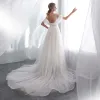 Modern / Fashion Ivory See-through Wedding Dresses 2018 A-Line / Princess U-Neck Amazing / Unique Short Sleeve Backless Pearl Feather Court Train Ruffle