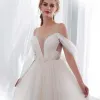 Modern / Fashion Ivory See-through Wedding Dresses 2018 A-Line / Princess U-Neck Amazing / Unique Short Sleeve Backless Pearl Feather Court Train Ruffle