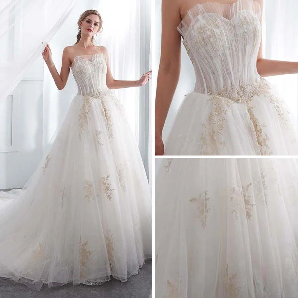 Fine Hvit Brudekjoler 2018 Prinsesse Kjæreste Uten Ermer Ryggløse Gull Appliques Blonder Beading Chapel Train Buste