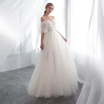 Abordable Champagne Robe De Mariée 2018 Princesse 1 2 Manches De L Épaule Dos Nu Train De Balayage Volants