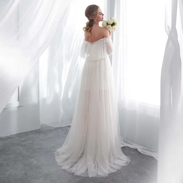Affordable Champagne Wedding Dresses 2018 A-Line / Princess 1/2 Sleeves Off-The-Shoulder Backless Sweep Train Ruffle