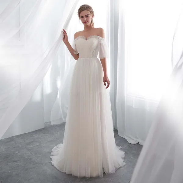 Affordable Champagne Wedding Dresses 2018 A-Line / Princess 1/2 Sleeves Off-The-Shoulder Backless Sweep Train Ruffle